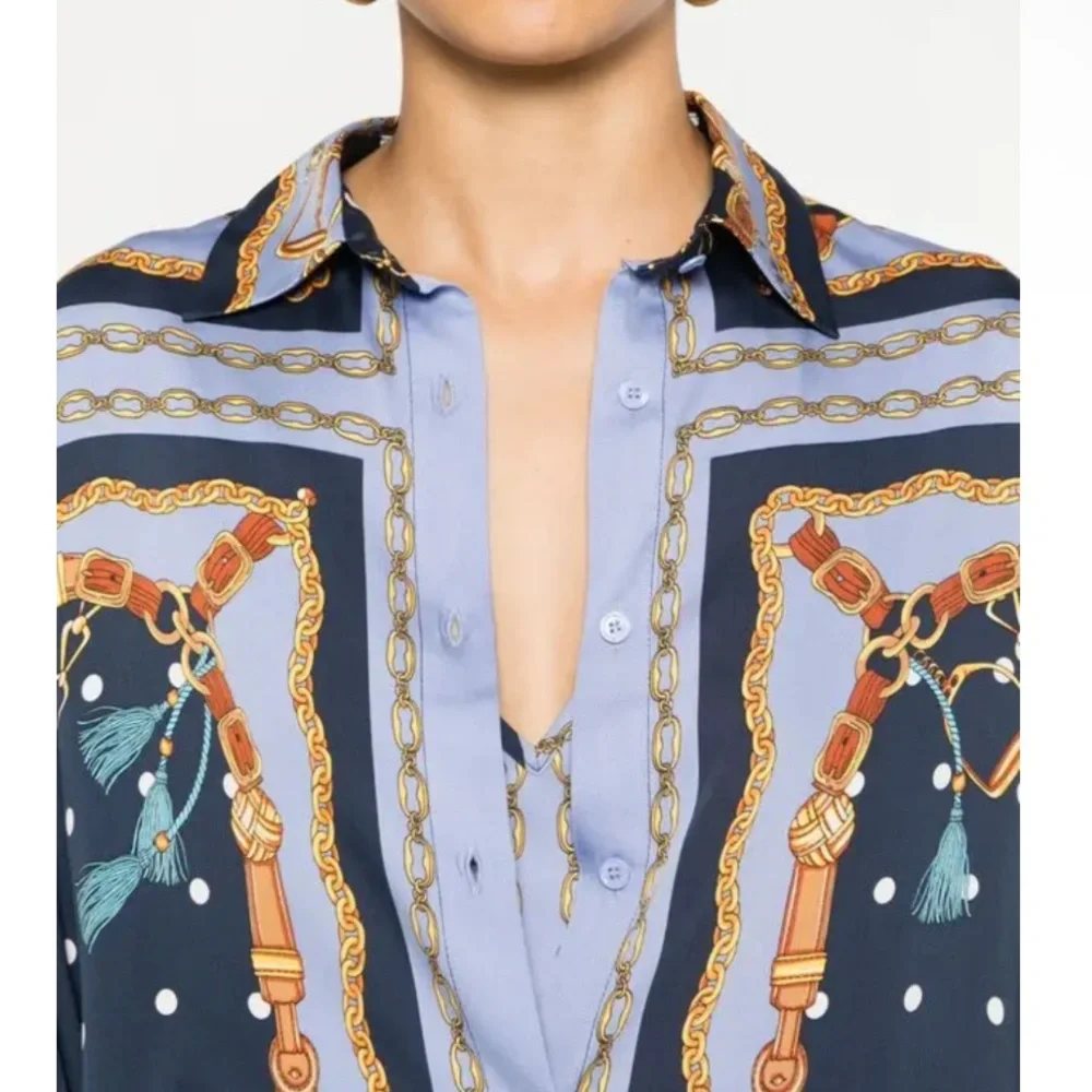 Maje Cechaine Satin Effect Button Up Blue Rope Chain Printed Blouse NEW US 6 - Picture 6 of 11